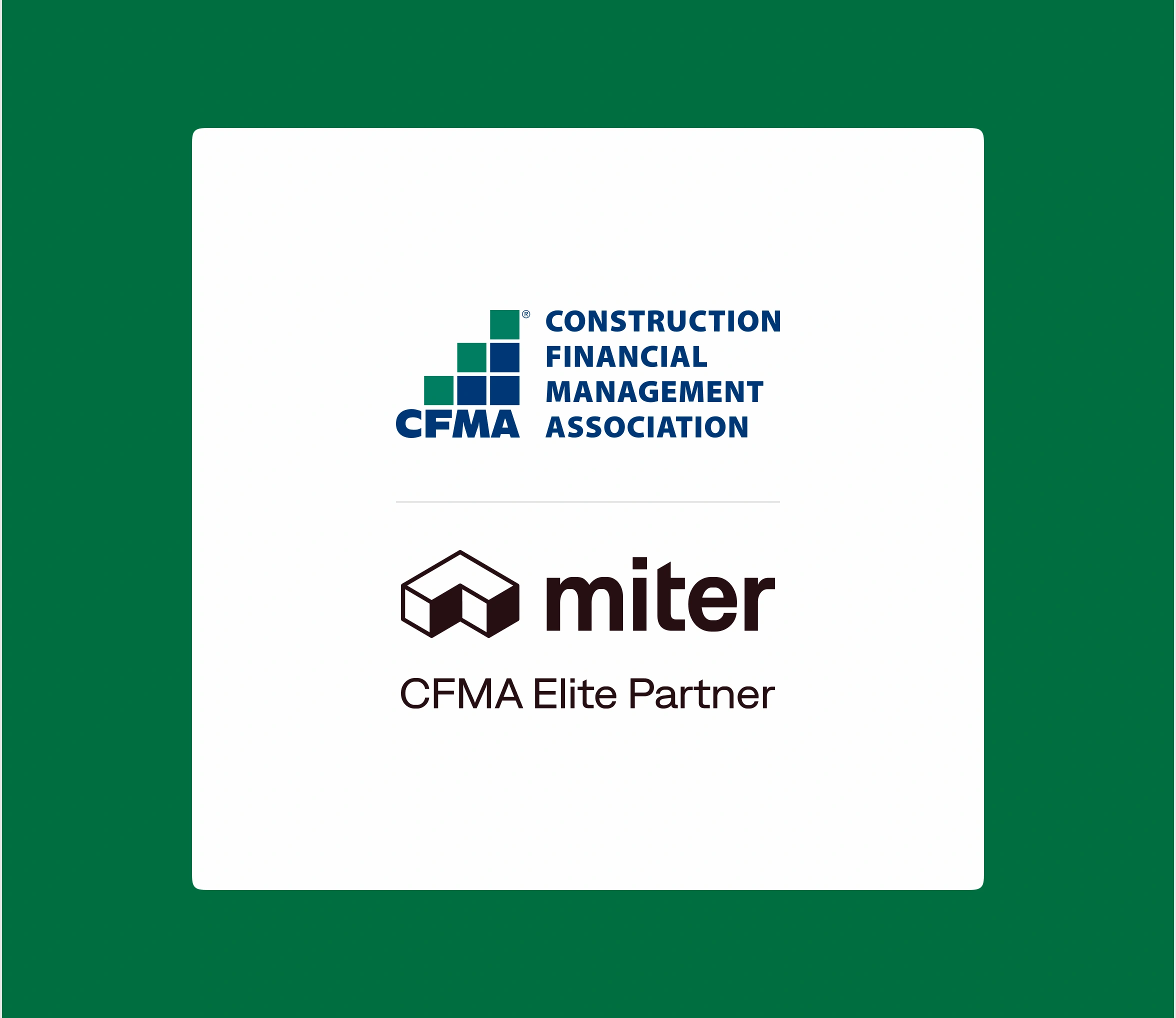 CFMA logo on top with the Miter logo beneath with the caption "CFMA Elite Partner"