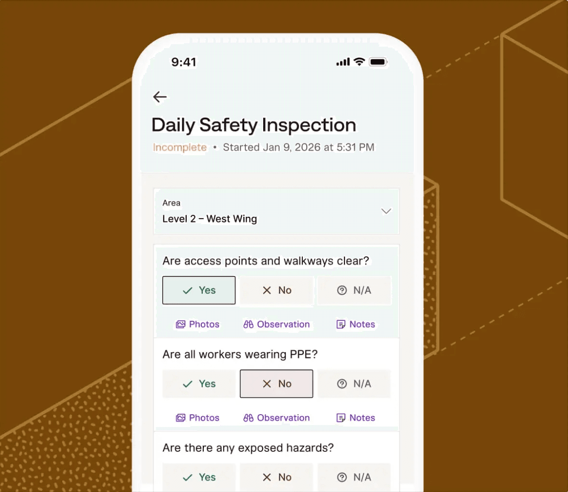 How a daily inspection gets completed from the field in Miter Safety, with photos, notes, or an observation attached to any failed item.