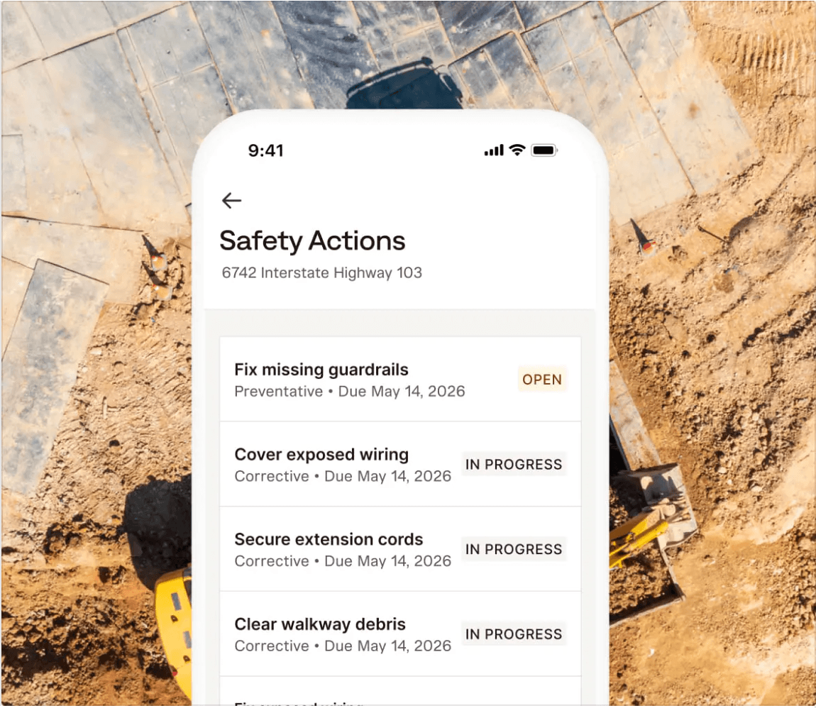 How corrective actions are tracked in Miter Safety, each one tagged preventive or corrective, with an owner, a due date, and a live status.