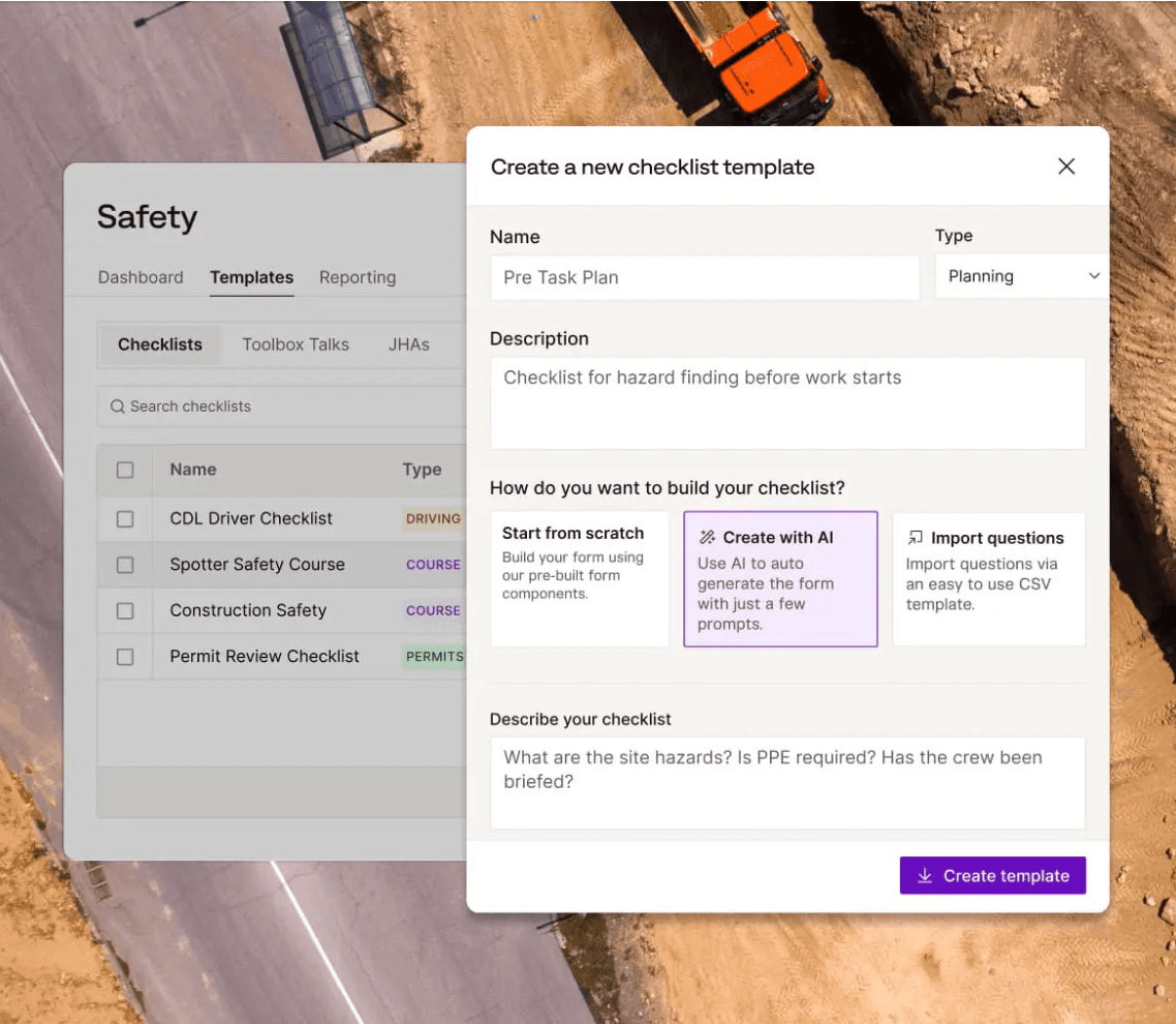 How JHAs, checklists, and toolbox talks are built in Miter Safety, including a pre-task plan for finding hazards before work starts.