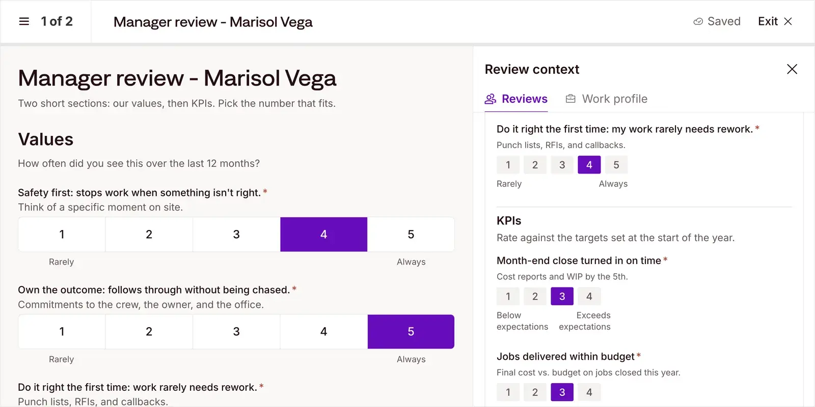 A manager review in Miter Performance. Values are rated on a five-point scale and KPIs on a four-point scale, so a strong score on one can’t cover for the other.
